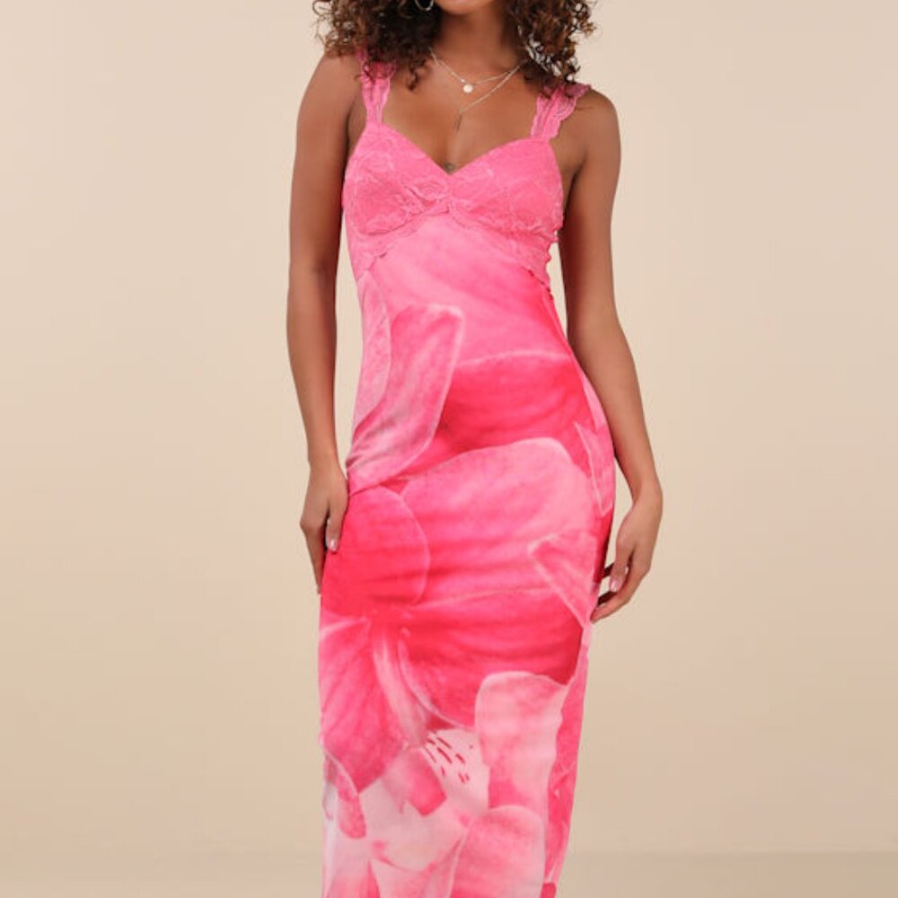 Lulus Flirty Whimsy Hot Pink Floral Mesh Midi Dress - Size S